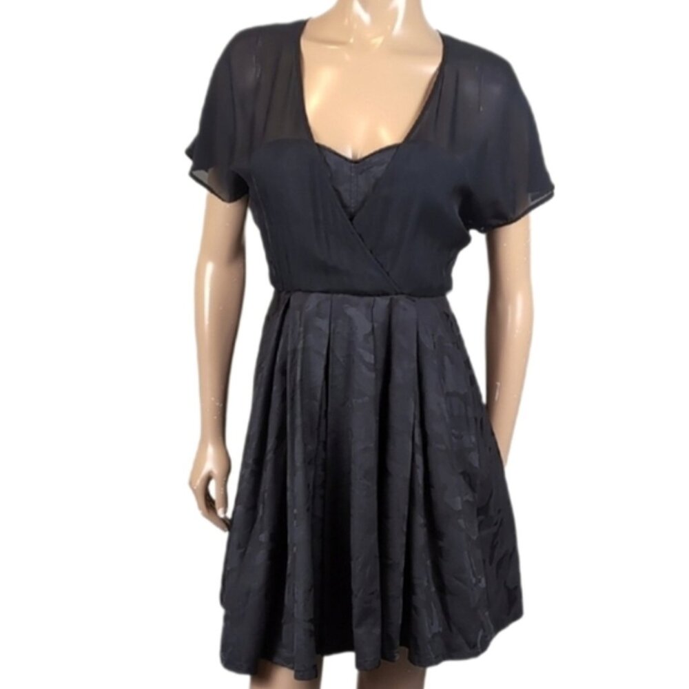 Mackage Silk Camo Dress Sheer Wrap Layered Short Sleeve Fit & Flare Pleated